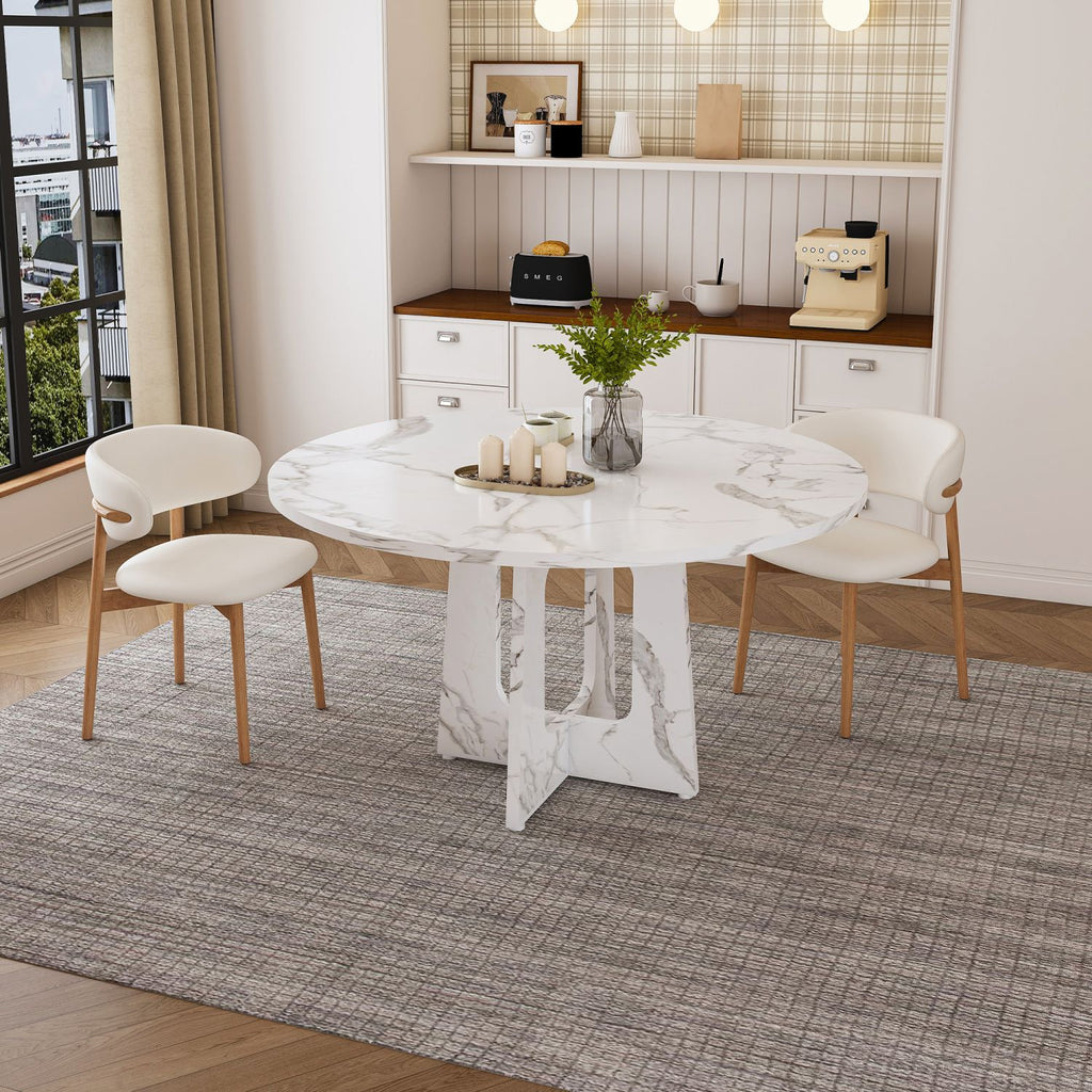 47.24" Round Dining Table for 4 - Farmhouse MDF Table with Marble White Finish, 300lb Capacity, Easy Assembly for Kitchen/Dining Room - Modern Spiced Table