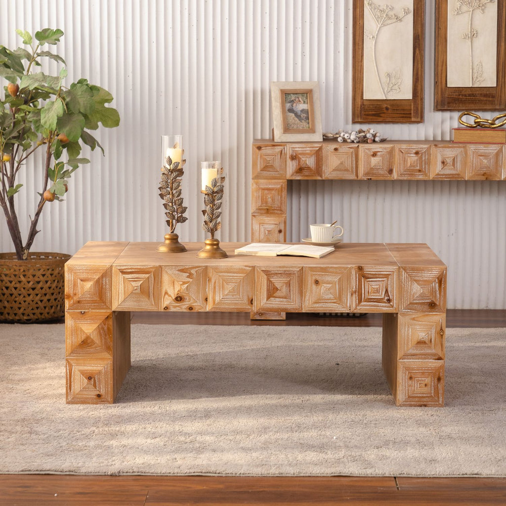 47.24" Rustic Geometric Relief Coffee Table - Solid Wood & MDF Rectangle Coffee Table with 3D Carved Details for Living Room