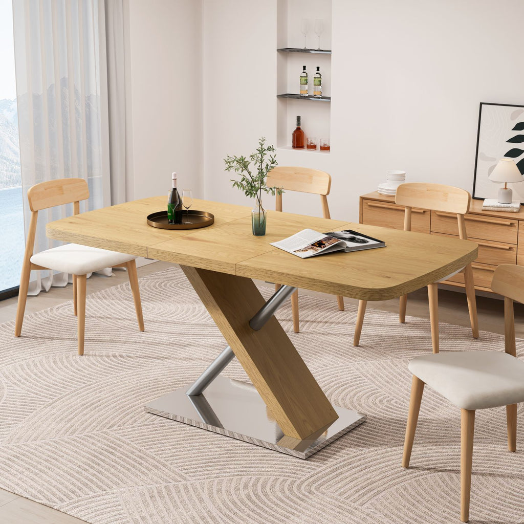 47.25 "-63" Dining Table, Original Wood Color, Seating 4-6 People, Retractable Table, Cross Metal Base and Stainless Steel Tubing(Natural)