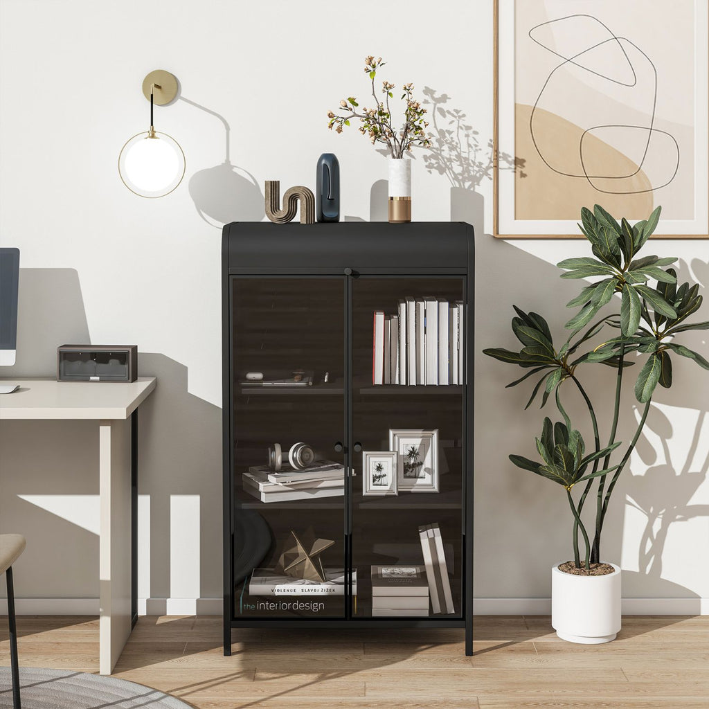 47.6" Tall Metal Storage Cabinet with Glass Doors & Flip-Top, 4-Tier Display Cabinet with Open Shelves, Freestanding Steel Sideboard Buffet for Kitchen, Living Room, Home Office, Dining Room, Bathroom