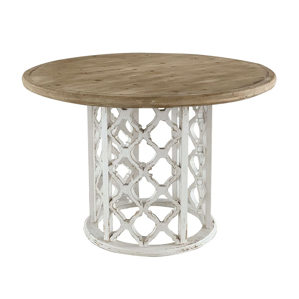 47x47x31" Round Wooden Dining Table with Ornate Cut-Out Base, Brown/White