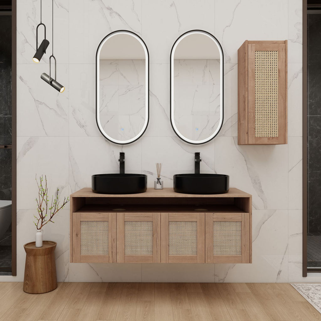 48" Bathroom Vanity with 2-Ceramic Art Sink and Side Cabinet, 4-Soft Close Door, Float Mounting Design, Plywood (KD-Packing)