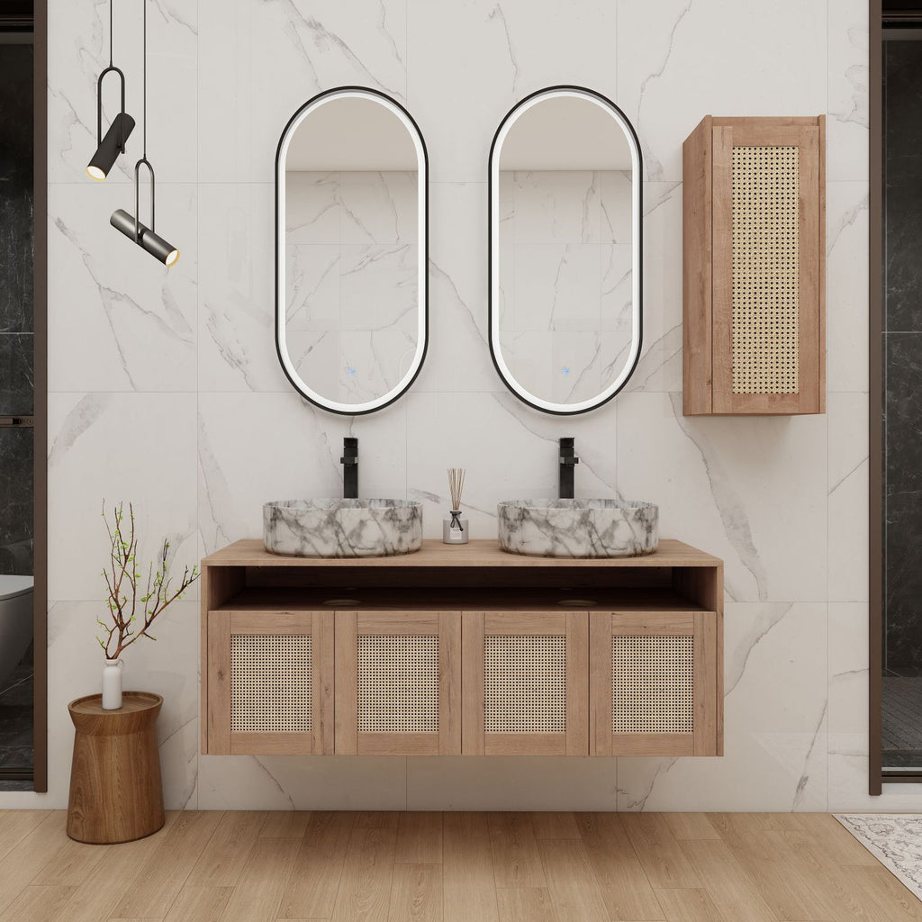 48" Bathroom Vanity with 2-Ceramic Art Sink and Side Cabinet, 4-Soft Close Door, Float Mounting Design, Plywood (KD-Packing)