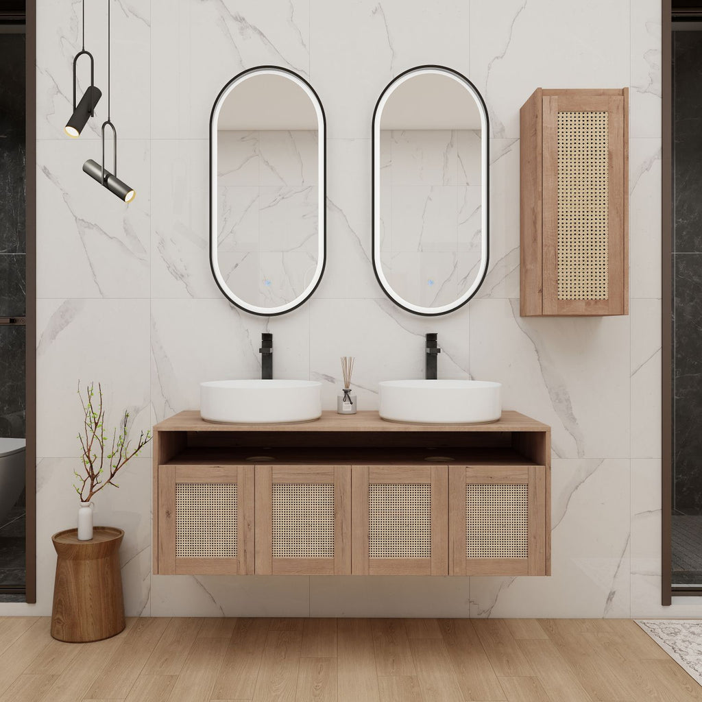 48" Bathroom Vanity with 2-Ceramic Art Sink and Side Cabinet, 4-Soft Close Door, Float Mounting Design, Plywood (KD-Packing)
