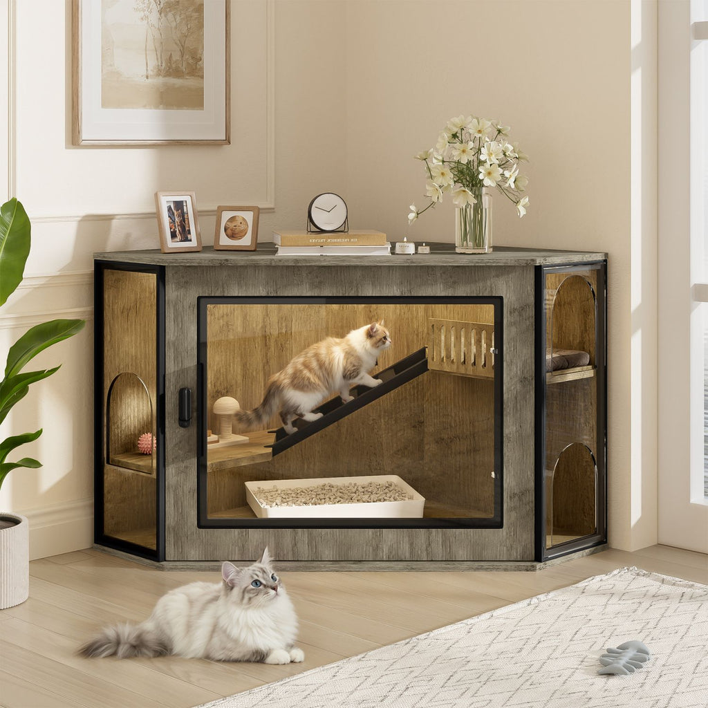 48" Corner Cat Litter Box Enclosure, Modern Hidden Litter Box Corner Cabinet with Acrylic Door and LED Light, Cat House with Playground and Stairs, Grey
