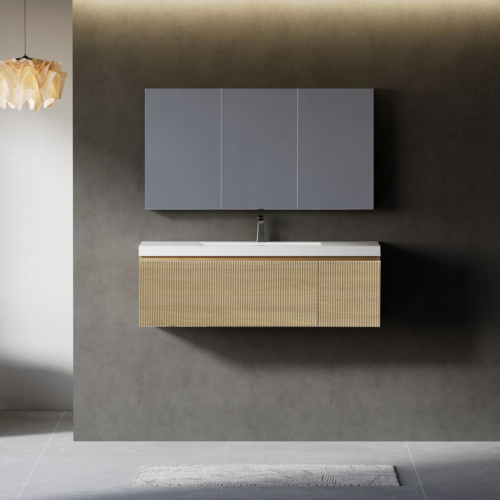 48'' Floating Bathroom Vanity with Sink Combo, Modern Wall-Mounted Striped Bathroom Storage Cabinet with Soft-Close Drawer and Glossy White Solid Surface Basin, Natural Oak 24V16-48NOW