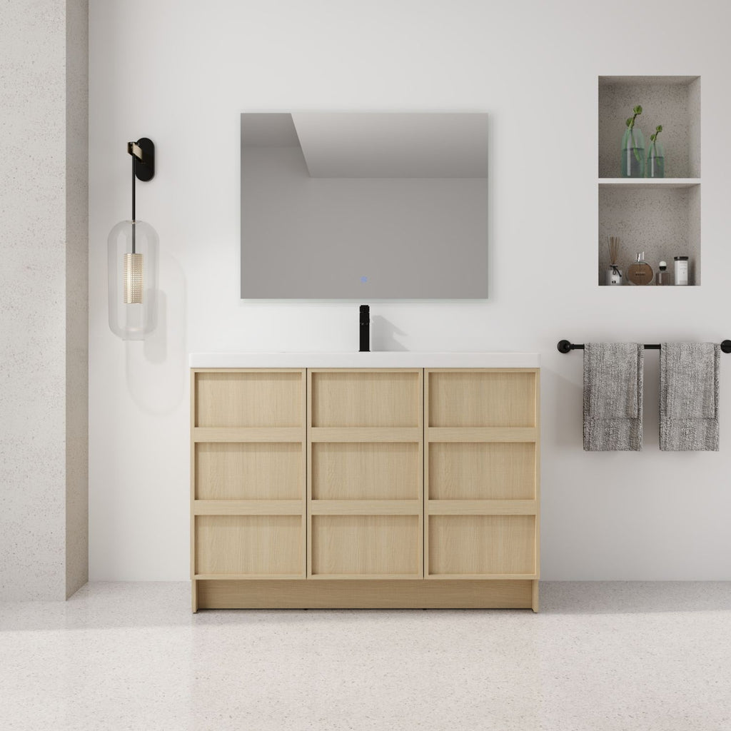 48" Freestanding Bathroom Vanity With Resin Sink & 3 Soft-Close Cabinet Doors, Plywood, Dune Oak (KD-PACKING)