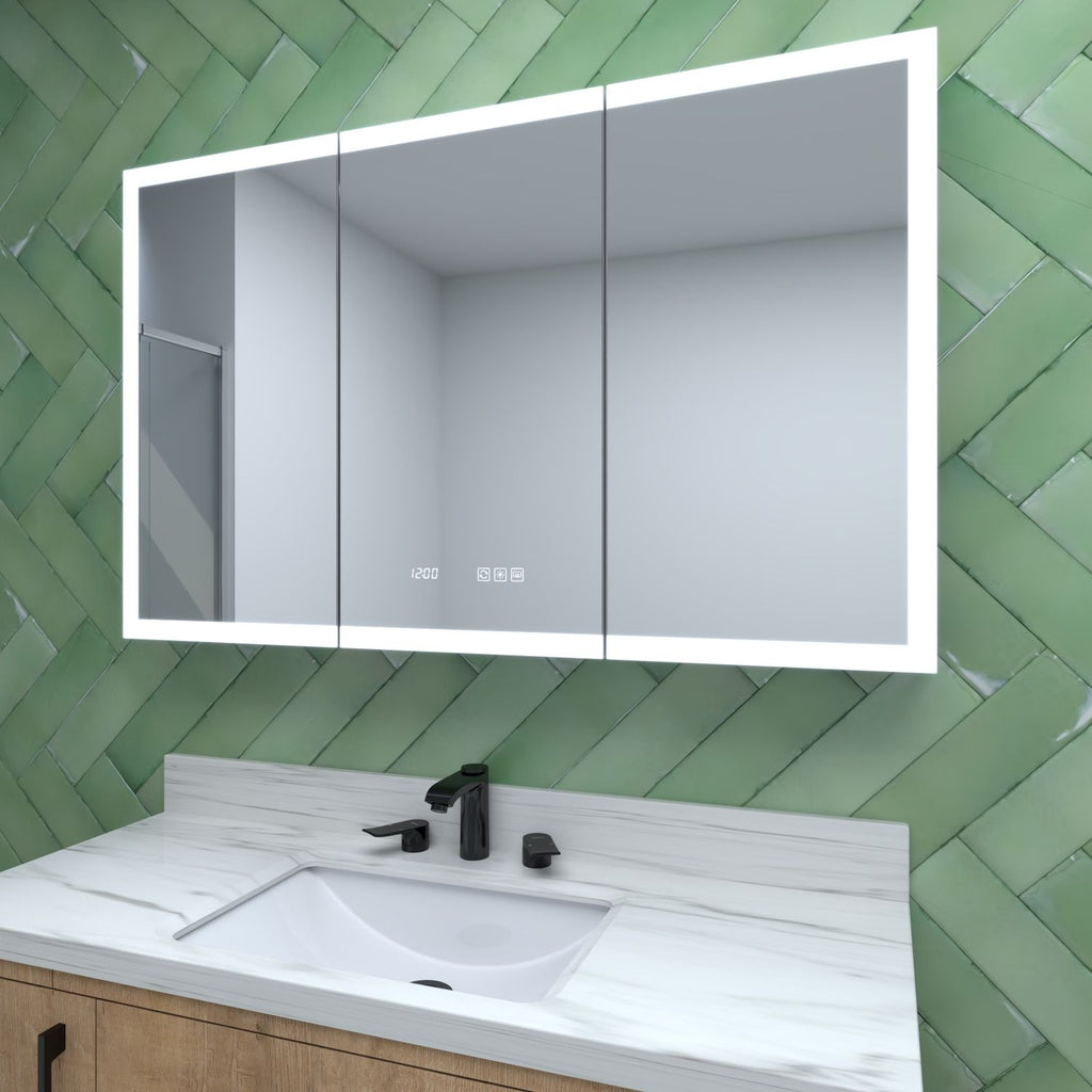 48 in. W x 30 in. H Rectangular Silver Aluminum Recessed/Surface Mount Medicine Cabinet with Mirror LED and Clock