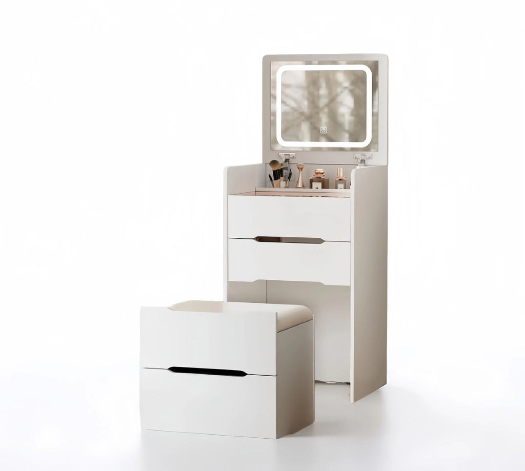(48CM) 3 in 1 Vanity Desk with Plip Top Mirror,Small Make Up Vanity Set with Visible Glass Desktop,Compact Makeup Vanity with 3 Drawers,Cushioned Tool,Dressing Table for Bedroom