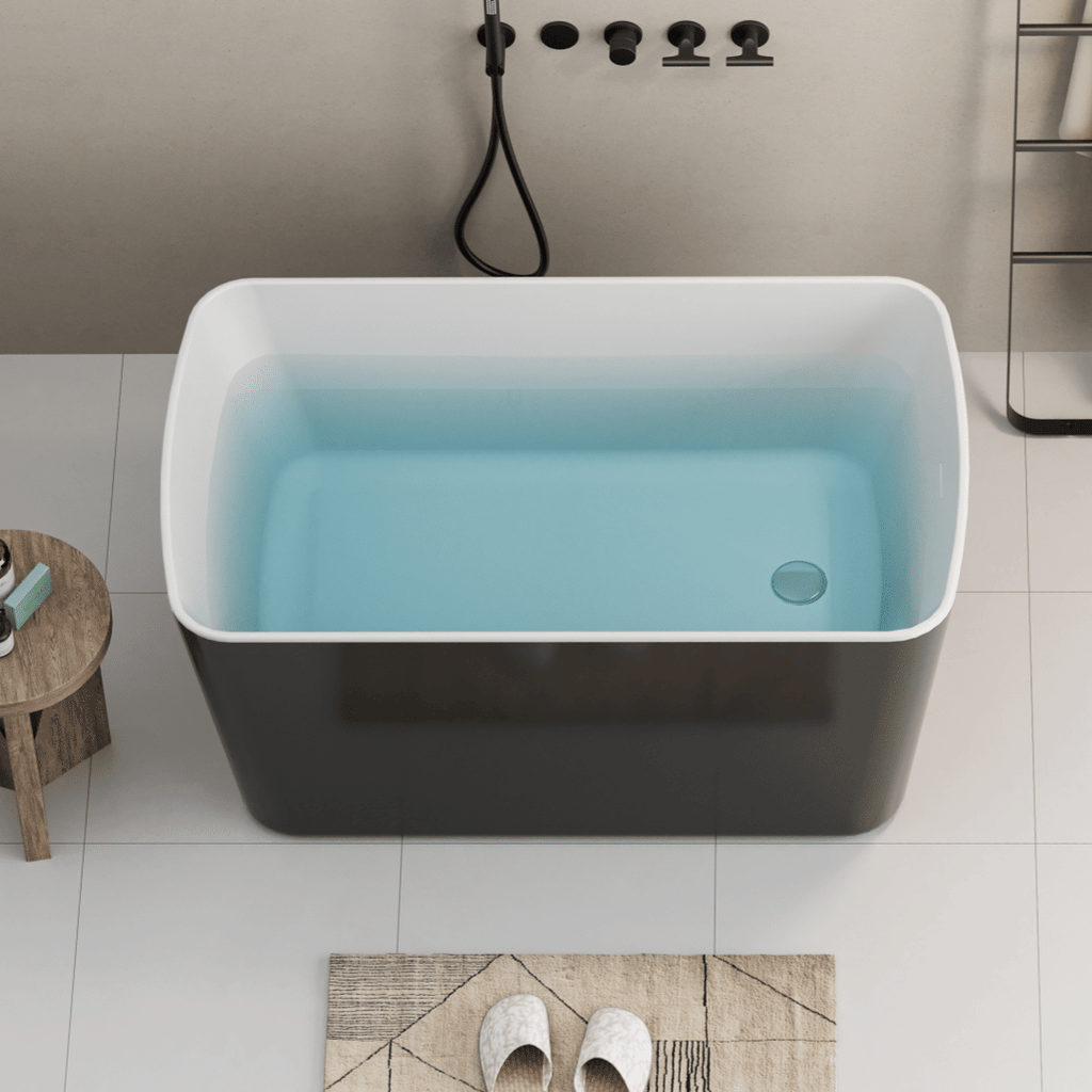 49'' Acrylic Freestanding Soaking Bathtub, Square-shape Japanese Soaking Hot Tub with Chrome Overflow and Drain, Glossy Black 24A01-49B