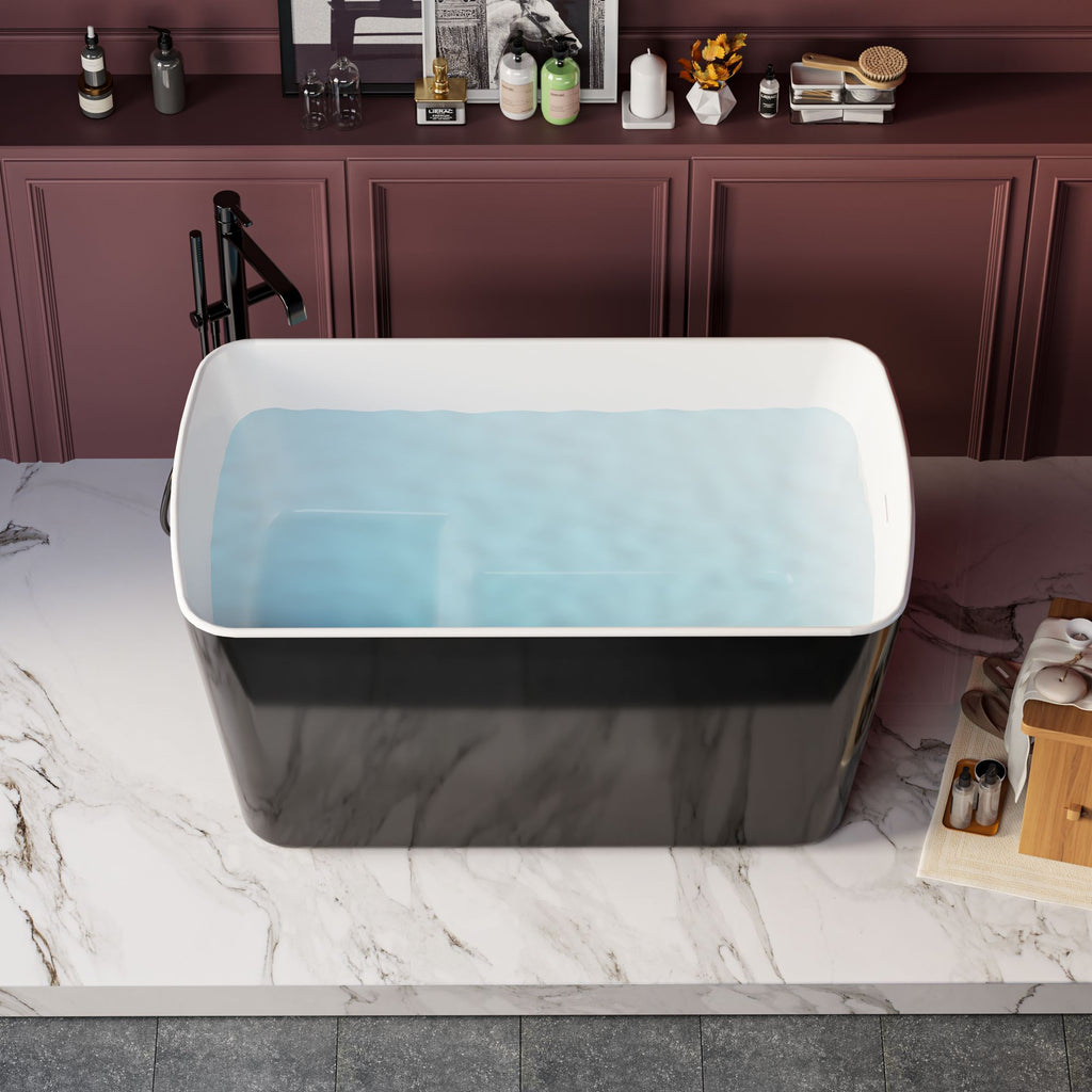 49'' x 28'' Acrylic Freestanding Soaking Bathtub, Square-shape Japanese Soaking Hot Tub, Sit-In Design with Chrome Overflow and Drain, Available for Express Delivery, 23AMA-49B Glossy Black