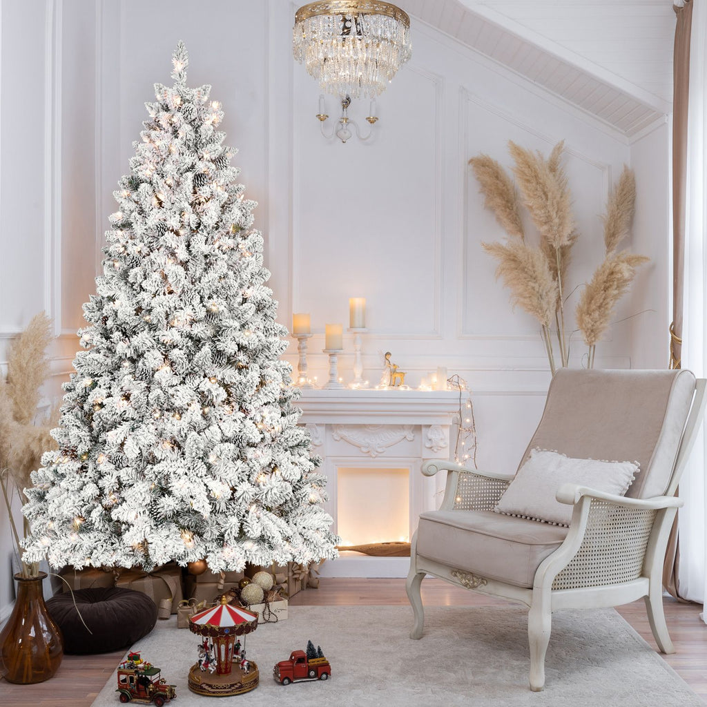 4FT Flocked Christmas Tree with 150 UL Lights and 21 Natural Pine Cones – Snowy PVC Tips, 366 Tips, Hinged Structure, Stable Metal Stand, Easy Setup