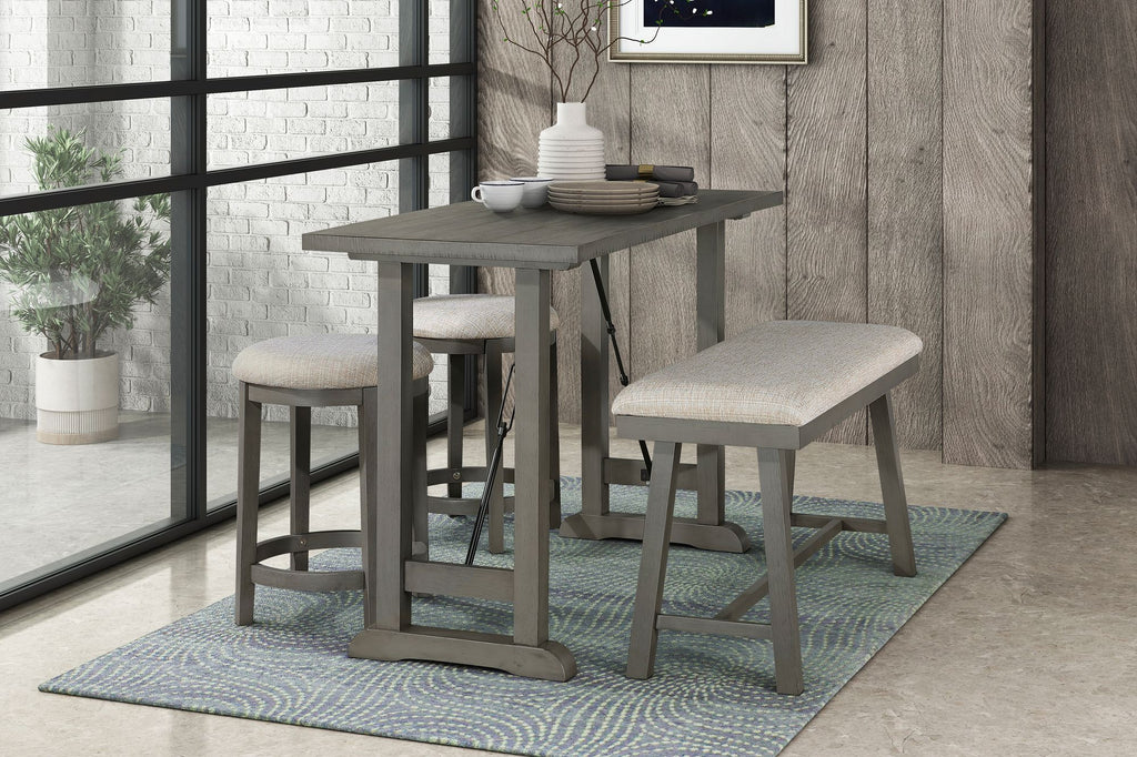 4PC Counter Height Dining Set Light Gray Finish Counter Height Table with Bench 2x Stools Foam Cushioned Seats Kitchen Dining Breakfast Furniture