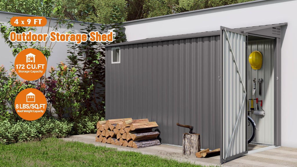 4x9 FT Lean to Shed with Windows, Metal Garden Shed Tool House with Sloping Roof with 2 Vents and 1 Side Open Door, Outdoor Storage Shed Waterproof for Backyard, Garden, Patio, Gray