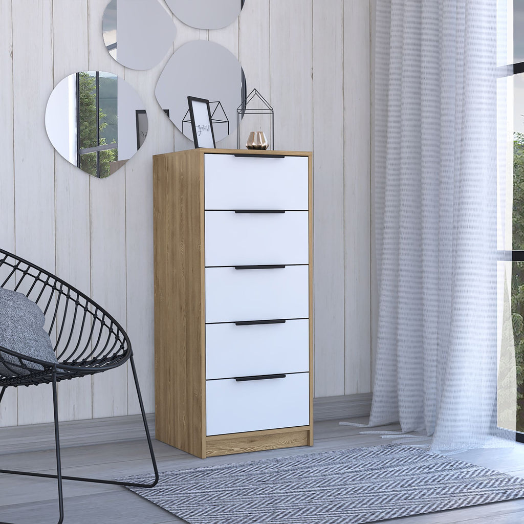 5 Drawers Dresser Maryland, Metal Handle, White / Pine Finish