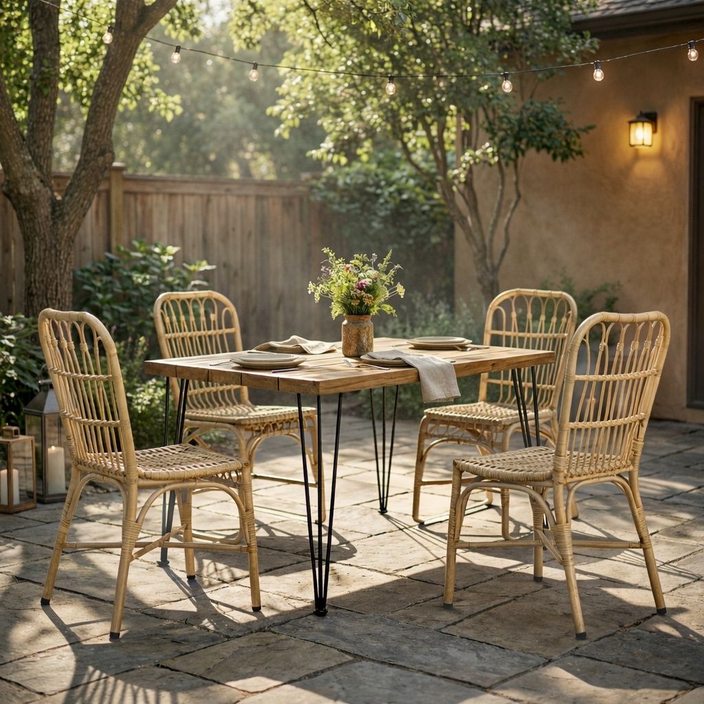 5 PCS Outdoor Dining Set for 4, Square Table with Acacia Wood Top & Rattan Chairs, 32.5" Modern Furniture Set for Patio, Deck, Backyard, Porch,Teak + Yellow