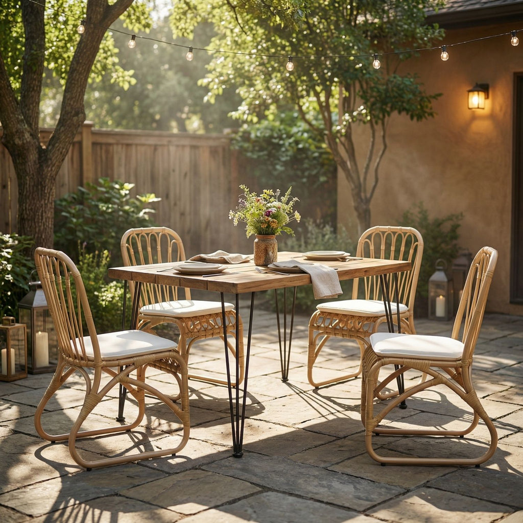 5 PCS Outdoor Dining Set for 4, Square Table with Acacia Wood Top & Rattan Chairs, 32.5" Modern Furniture Set for Patio, Deck, Backyard, Porch,Teak + Yellow