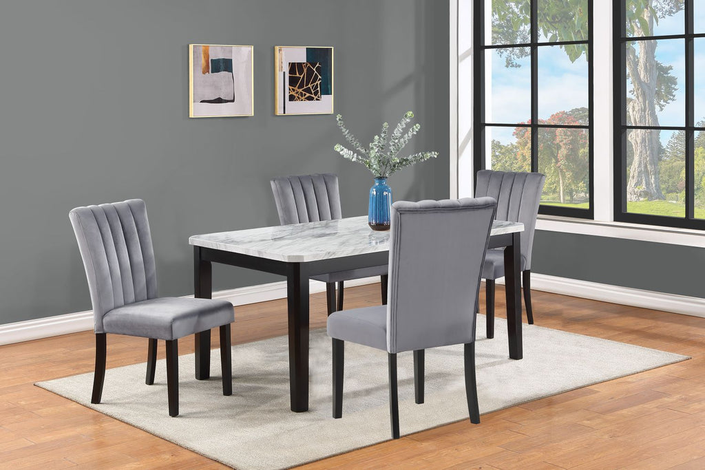 5-Piece Contemporary Dining Set Rectangular Faux Marble Table Top Black Finish Upholstered Chairs Channel Tufting Wooden Solid Wood Dining Room Kitchen Furniture