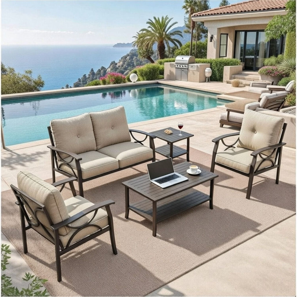 5-Piece Metal Patio Furniture Set, 4-Seat All-Weather Conversation Sofa with 4 Inches Thick Beige Cushions, Khaki Frame, Coffee Table & End Table for Porch Backyard Garden