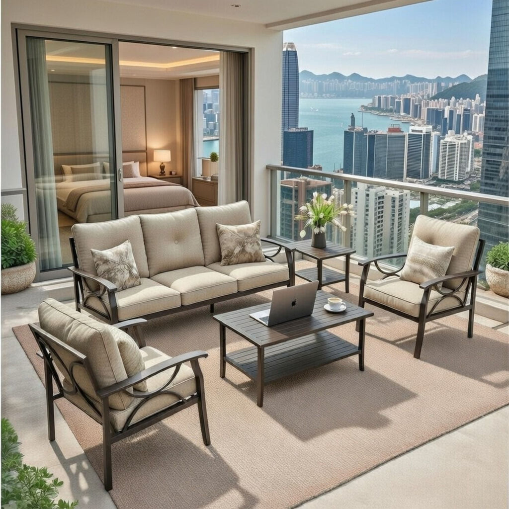 5-Piece Metal Patio Furniture Set, 5-Seat All-Weather Conversation Sofa with 4 Inches Thick Beige Cushions, Khaki Frame, Coffee Table & End Table for Porch Backyard Garden