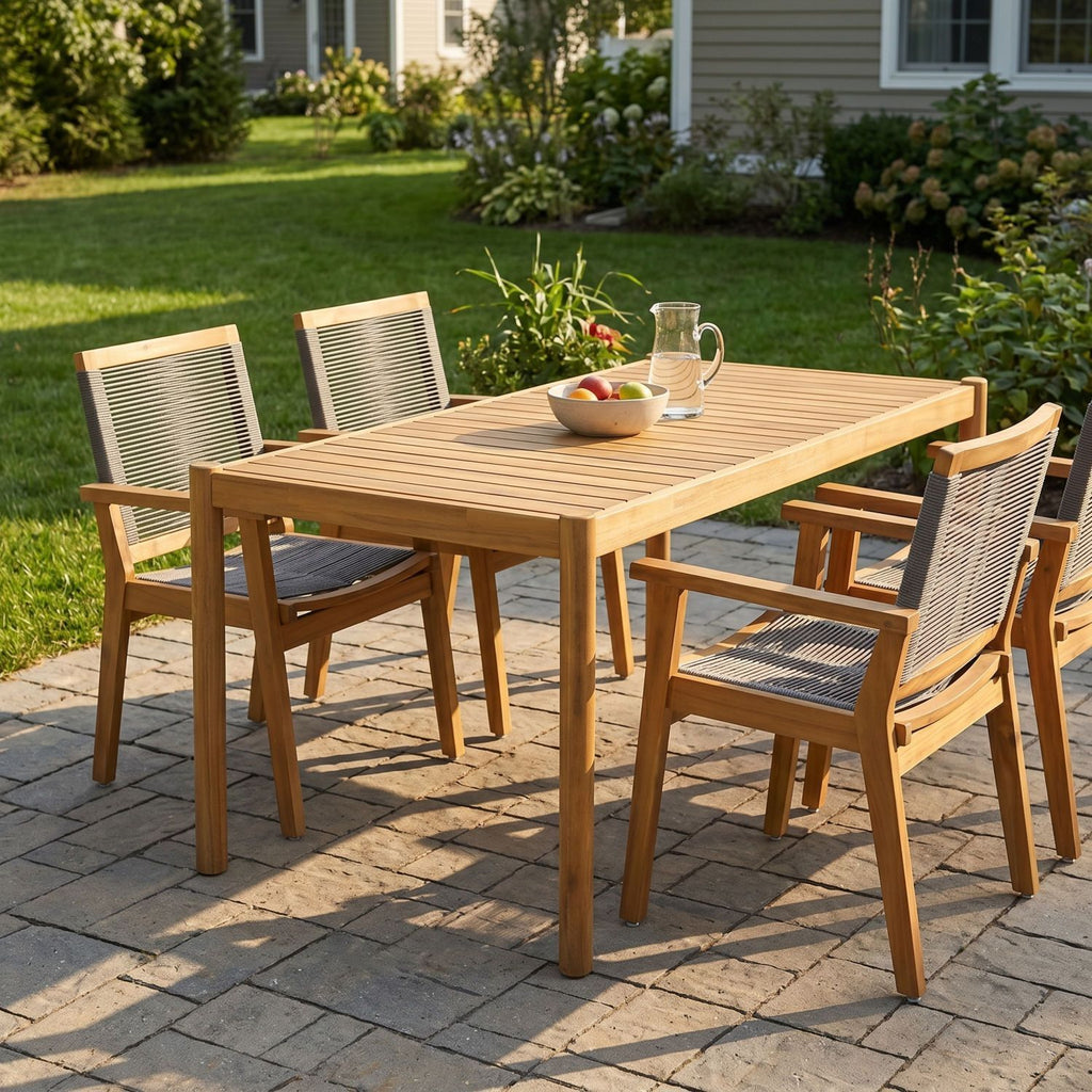 5-Piece Outdoor Acacia Wood Dining Set, 54.75" Light Teak Rectangular Table & 4 Dark Grey Rope Arm Chairs