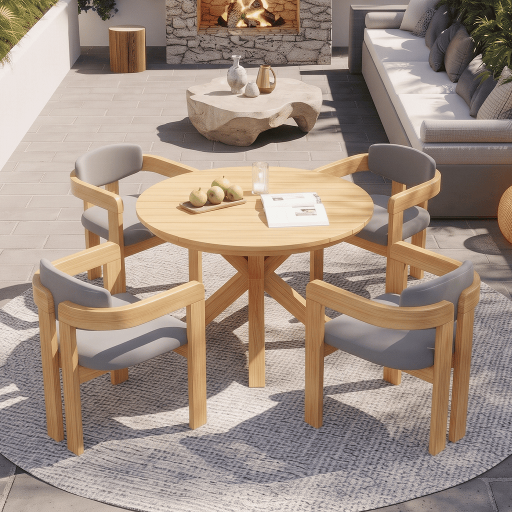5-Piece Outdoor Acacia Wood Round Dining Set, Solid Wood Patio Table with 4 Barrel Chairs, Cushioned Seats & Backs, Modern Garden Conversation Set, Gray Cushion