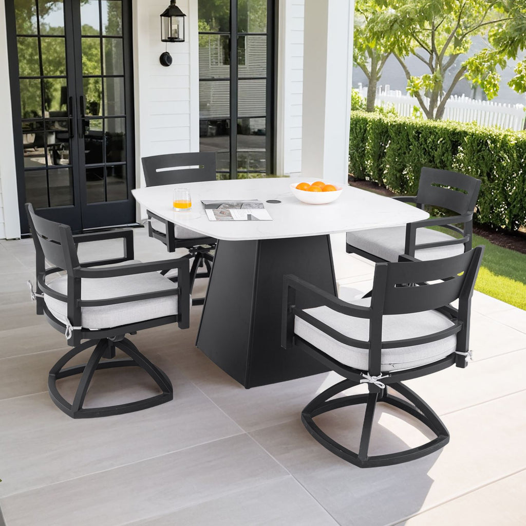 5-Piece Outdoor Pedestal Dining Set, 44" Rounded Square Sintered Stone Table with Flared Base and 4 Swivel Rockers, Sunbrella Cushions, Rust-Free Aluminum, Weather-Resistant, for Patio or Deck