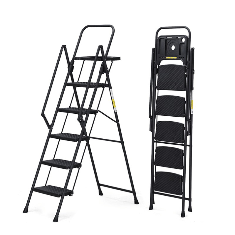 5-step ladder, foldable step stool with tool tray and wide non slip pedals, sturdy steel ladder, convenient handrails, lightweight portable steel step stool