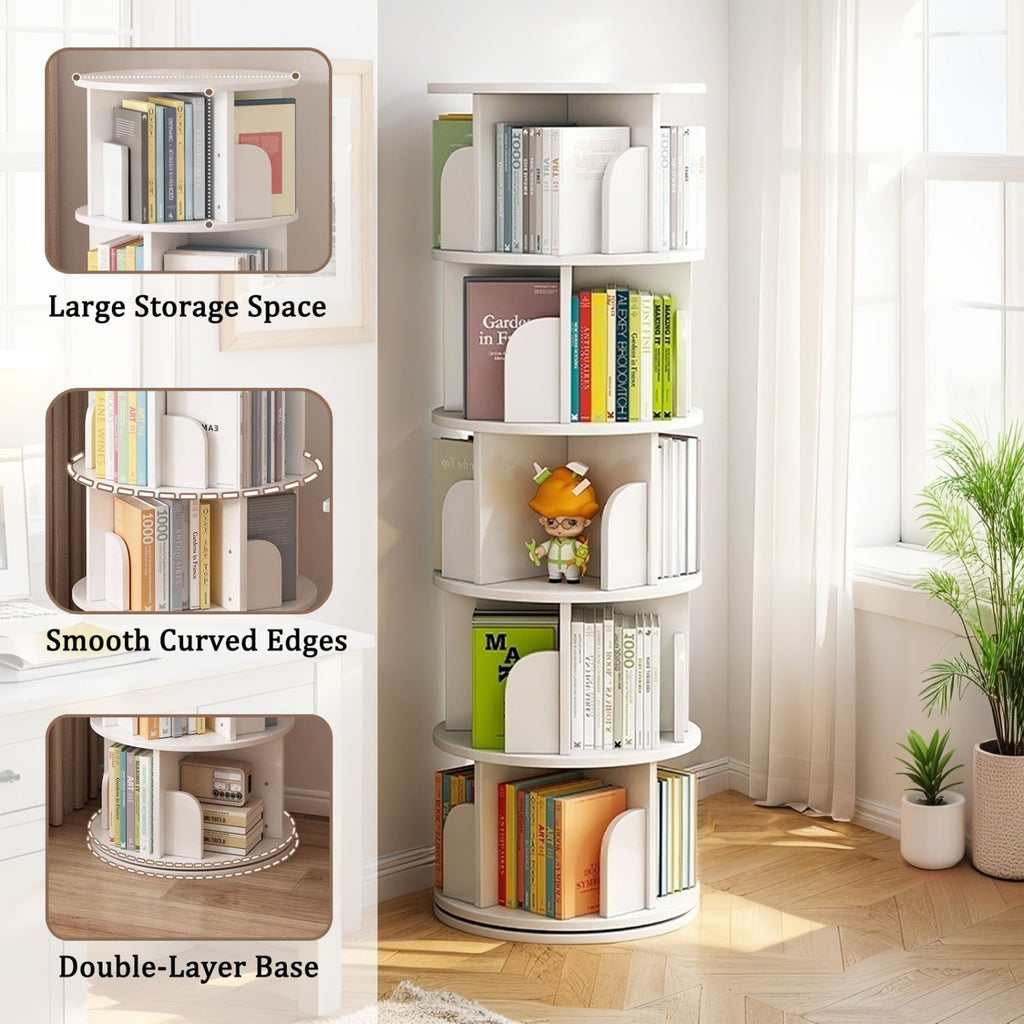5 Tier Rotating Bookshelf, 360° Display Round Spinning Bookshelf, Space-Saving, Small Space Rotating Bookshelf Tower for Bedroom, Living Room, Home, Office, Warm White