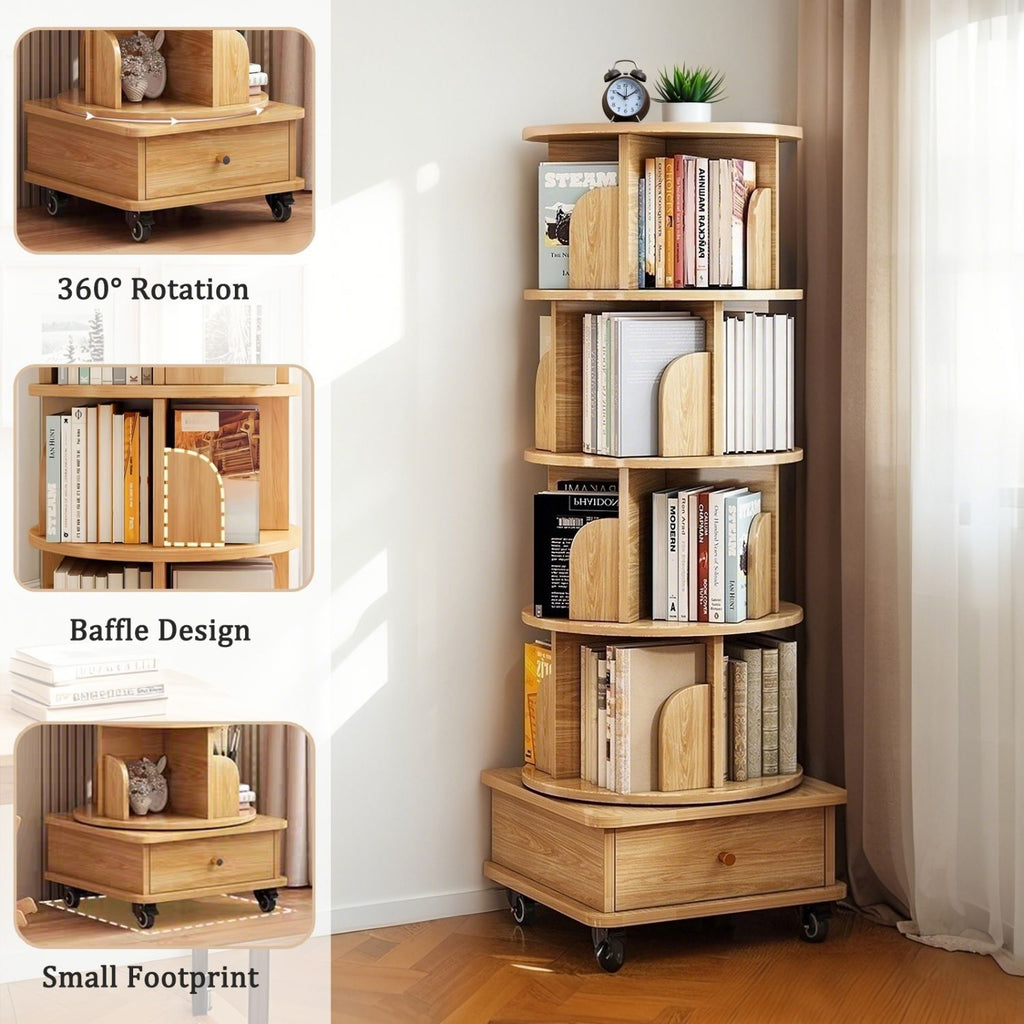 5 Tier Rotating Bookshelf, 360° Display Round Spinning Bookshelf with Wheels, Space-Saving, Small Space Rotating Bookshelf Tower for Bedroom, Living Room, Home, Office, Wood Color