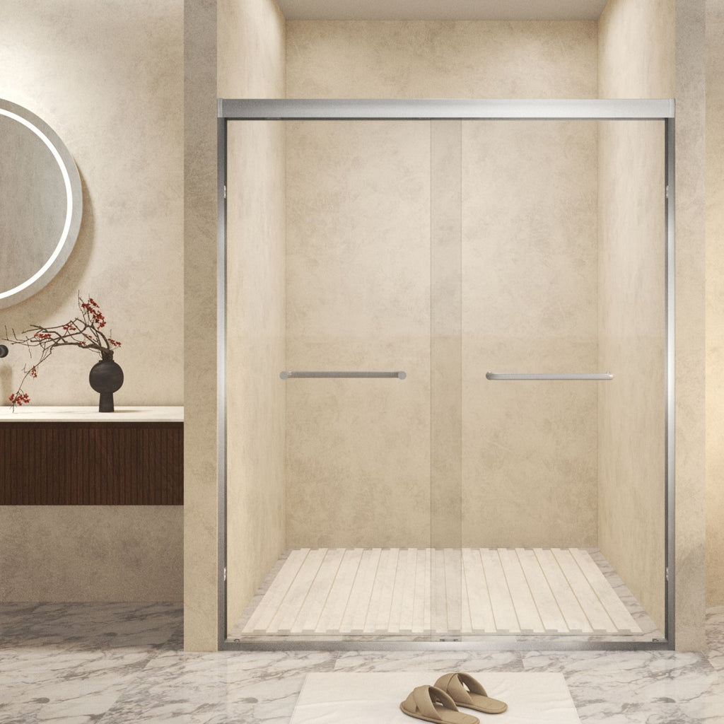 50-54 " x 72" Tempered Glass with Explosion Proof Film, Aluminum Frame Double Sliding Shower Door, "1/4 (6 mm), Stainless Steel handle,Brushed Nickel