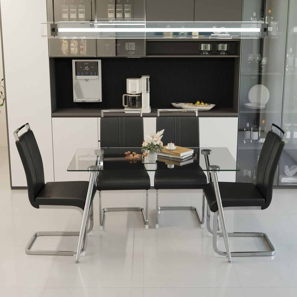 51 inch Glass Dining Table Set for 4, Dining Table & Chair Sets with Silver Plating Legs for Kitchen, Modern Rectangle Tempered Glass Table Top and PU Dining armless Chair for Dining Room