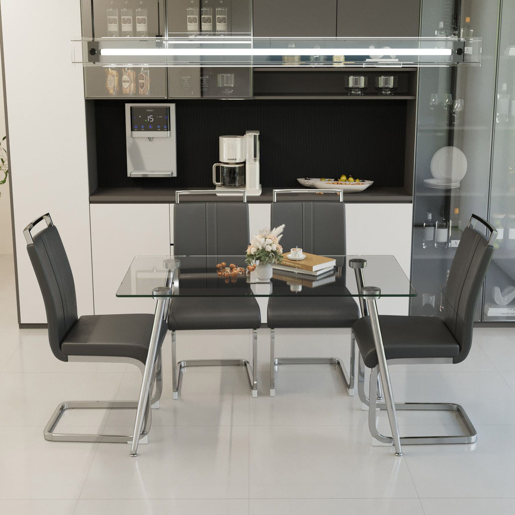 51 inch Glass Dining Table Set for 4, Dining Table & Chair Sets with Silver Plating Legs for Kitchen, Modern Rectangle Tempered Glass Table Top and PU Dining armless Chair for Dining Room