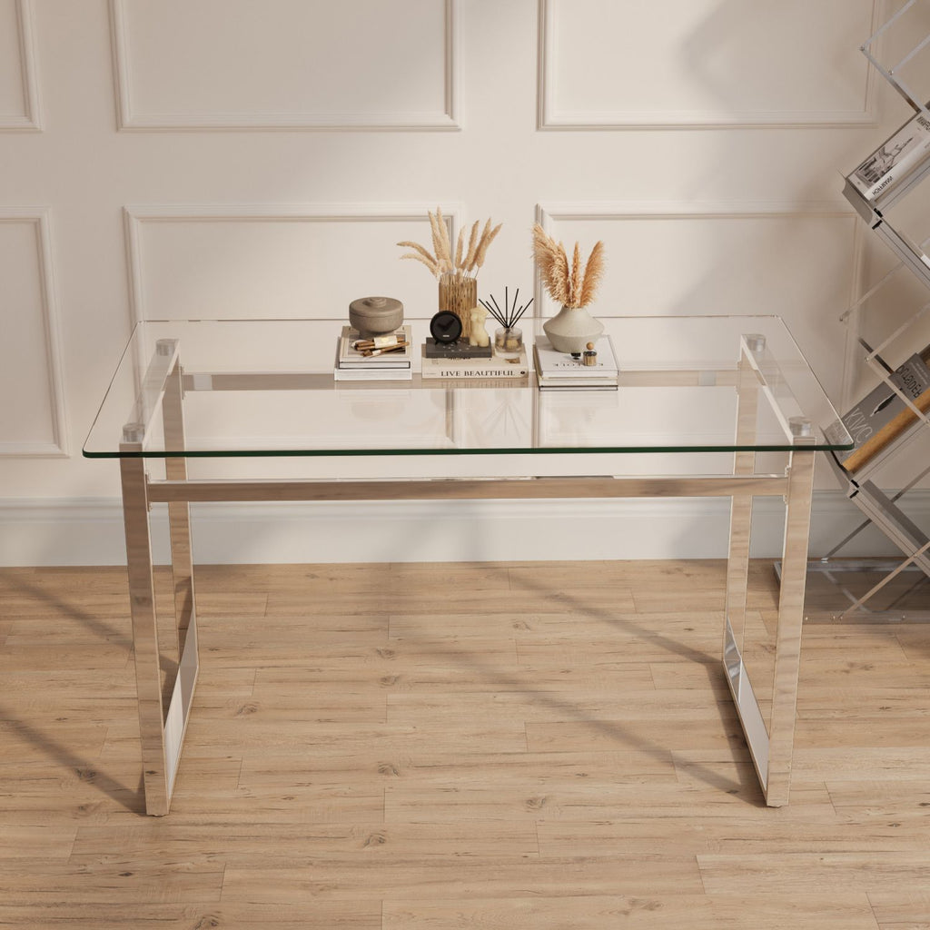 51" Modern Minimalist Rectangular Glass Dining Table for 4-6 with 0.31" Tempered Glass Tabletop and Silver Chrome Metal Legs, Writing Table Desk, for Kitchen Dining Living Room (0 damage)