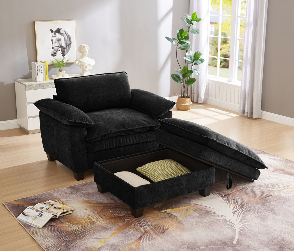 51" Oversize Chaise Lounge Chair with Ottoman and Storage Upholstered Soft Chenille Black