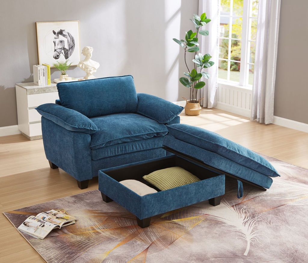 51" Oversize Chaise Lounge Chair with Ottoman and Storage Upholstered Soft Chenille Blue