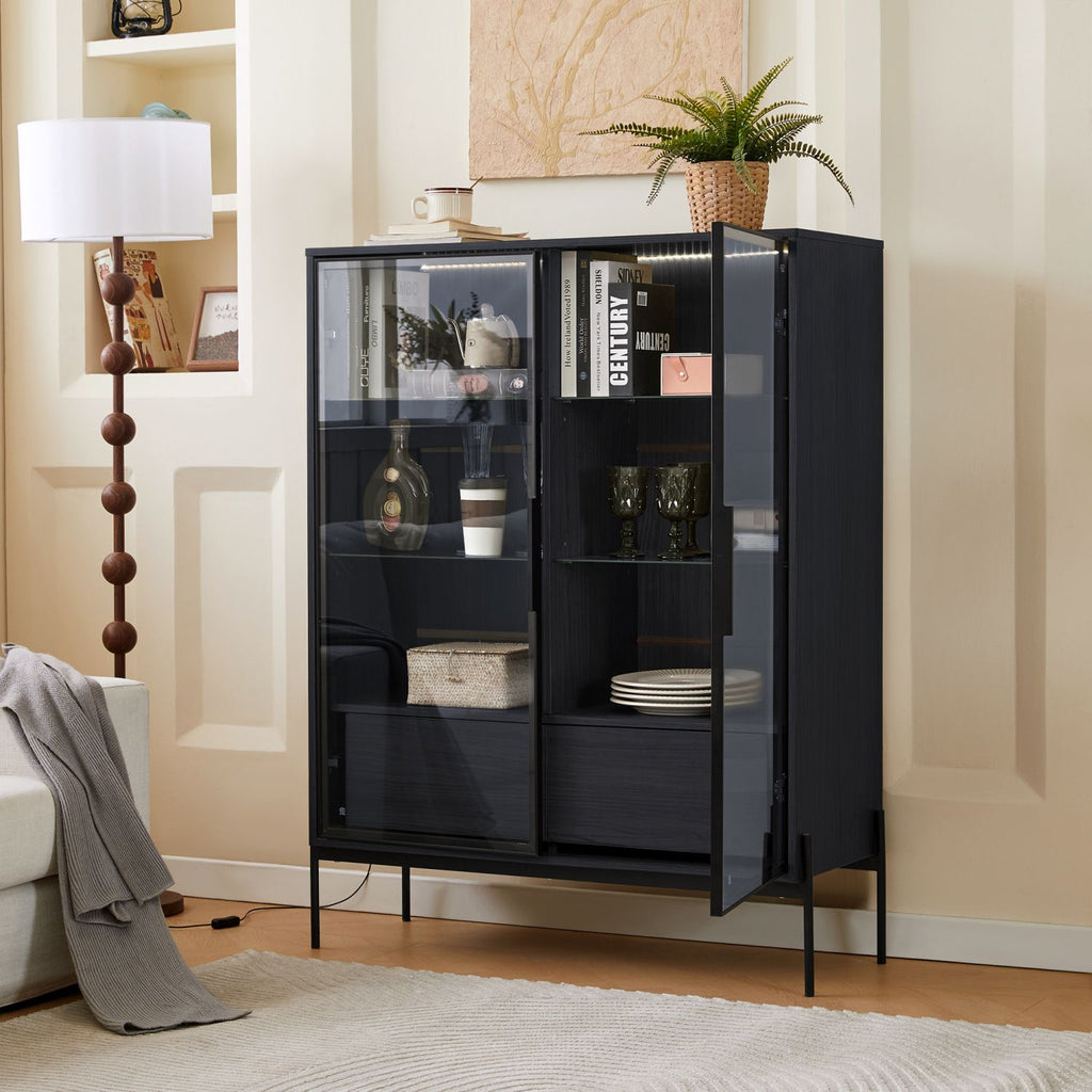 51.2'' Tall Lighted Display Cabinet with Tempered Glass Door, Metal Legs, LED Curio Cabinet, Modern minimalist style, for Living Room, Office, Study, Black