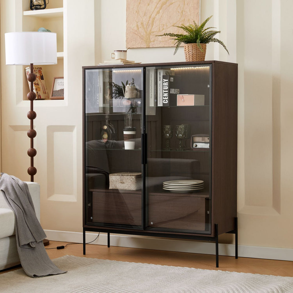 51.2'' Tall Lighted Display Cabinet with Tempered Glass Door, Metal Legs, LED Curio Cabinet, Modern minimalist style, for Living Room, Office, Study, Walnut
