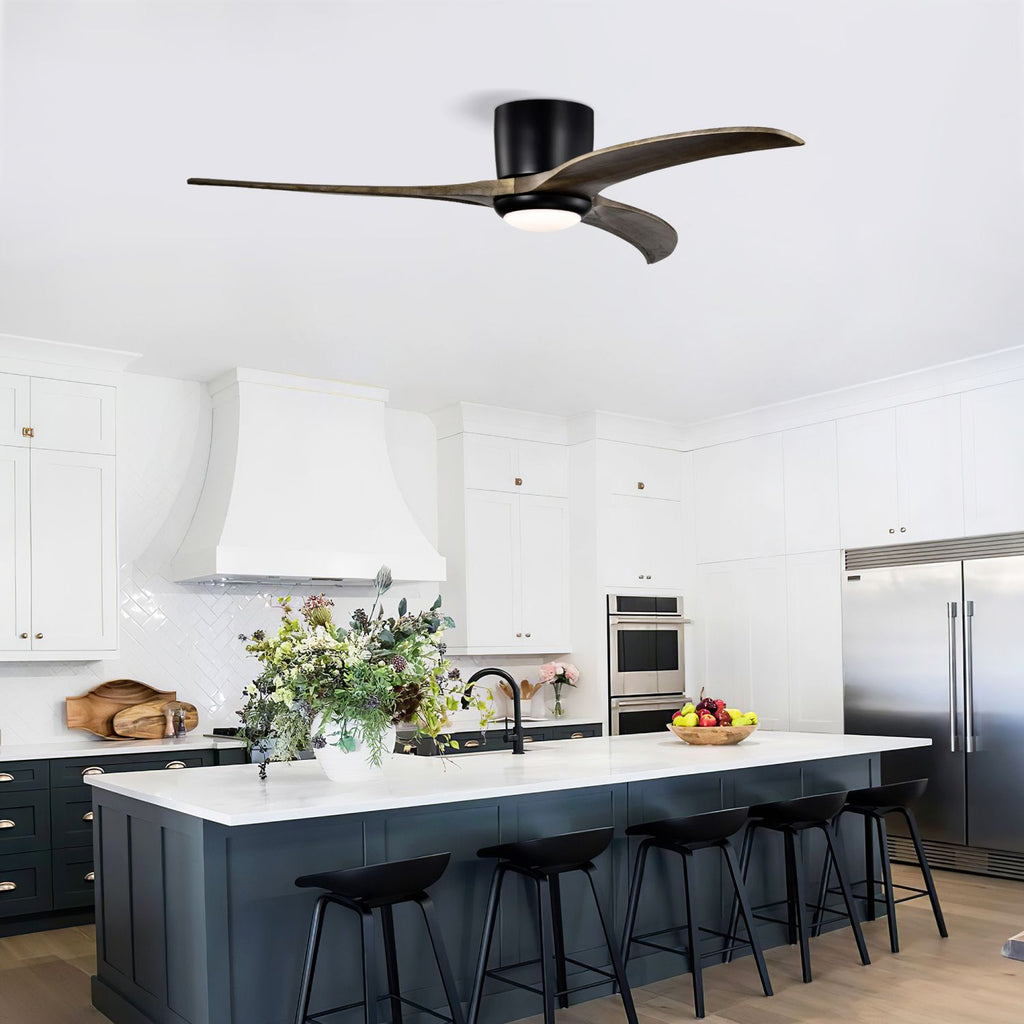 52" Flush Mount Solid Wood Blades Ceiling Fan with Lights Remote Control,Quiet DC Motor, 6 Speed ,Reversible Ceiling Fan for Patio Living Room, Bedroom, Office,Indoor.(Matte Black )