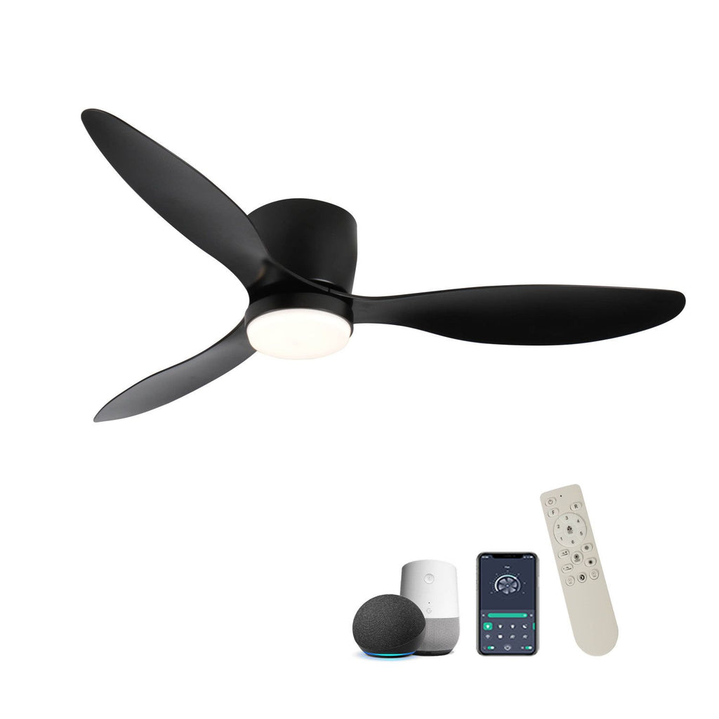 52" Smart Flush Mount black Ceiling Fans with Lights Remote,Quiet DC Motor,Outdoor Indoor Low Profile Ceiling Fan,Control with WIFI Alexa App,Dimmable,ABS blades,for Modern Bedroom Patio