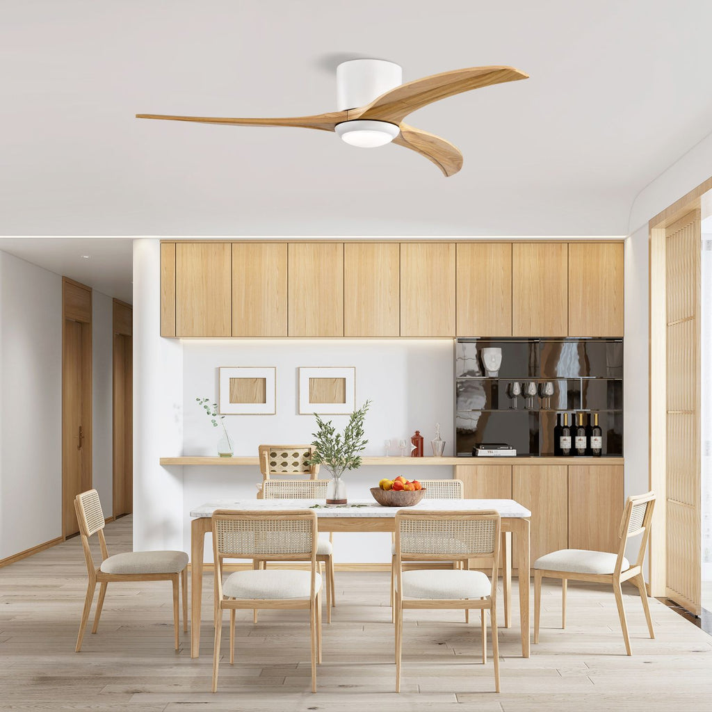 52" Solid Wood Blades Ceiling Fan With Light with Remote Control, Noiseless Reversible Motor, 6 Speed, for Patio Living Room, Bedroom,Indoor. (Matte White +Natural)