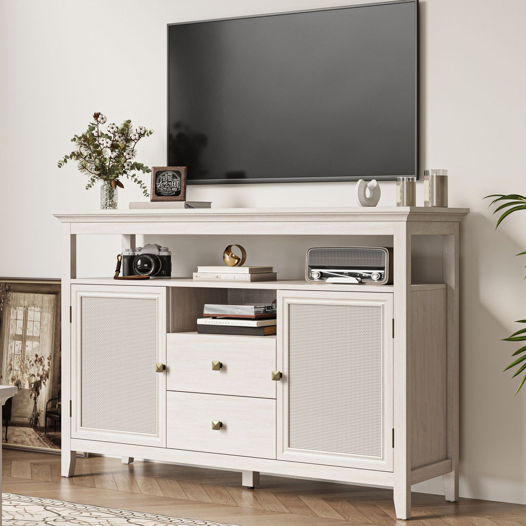 52.8" Rattan Sideboard, Boho Farmhouse Storage Cabinet with Adjustable Shelves, Accent Buffet Cabinet for Kitchen
