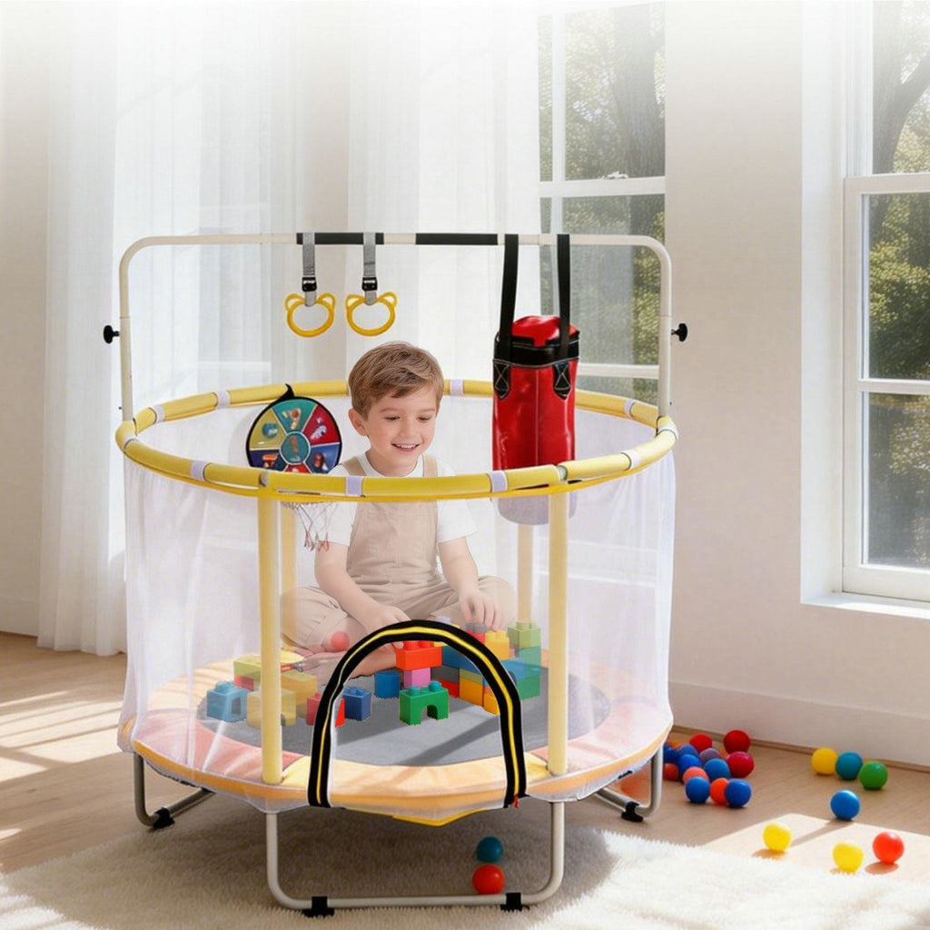54 inch Mini indoor and OutdoorToddler Trampoline With Safety Net, Antislip Safe Design, Round Jumping Toy,With Boxing Bag ,Ring and Basketball Hoop, With Adjustable Gym Bar,Gift for Boys&Girls