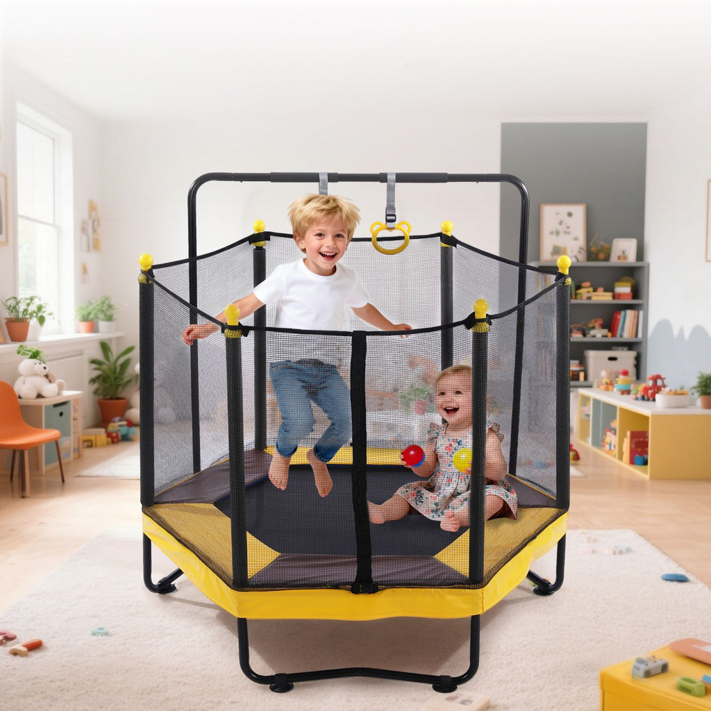 54 Inch Trampoline for Kids with Enclosure, Indoor & Outdoor Toddler Trampoline With Adjustable Gymnastics Bar , Ring ,Basketball Hoop , Boxing Bag and Ocean Ball ,Toys for Age 1-8 years