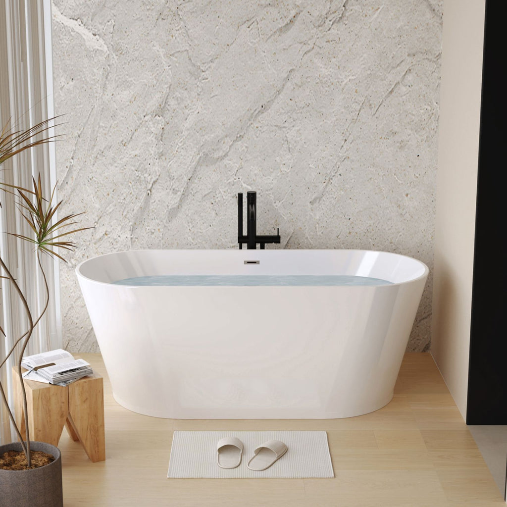 55" Acrylic Freestanding Bathtub, Stand Alone Soaking Tub, Glossy White Acrylic, Toe-tap Chrome Drain, cUPC Certified