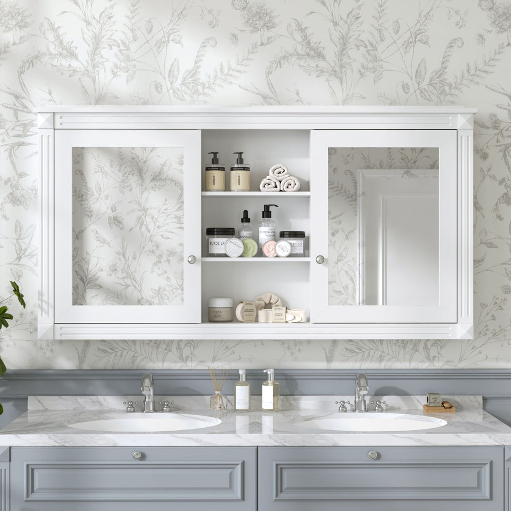 55 inch Wall-Mount 2-in-1 Mirror Cabinet with Adjustable Shelves, Soft-Closing Hinges, High-Definition Mirrors, for Bathroom Vanity, Living Room, Bedroom Storage Organizer