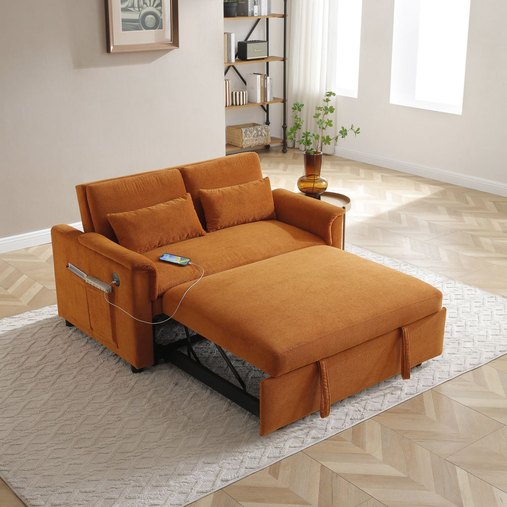 55" Velvet Two Seater Pull Out Sofa Bed, Adjustable Backrest With USB Ports, Two Side Pockets, 3 in 1 Convertible Sleeper Sofa Bed, Modern Love Seat Lounge,2 waist pillows for living rooms