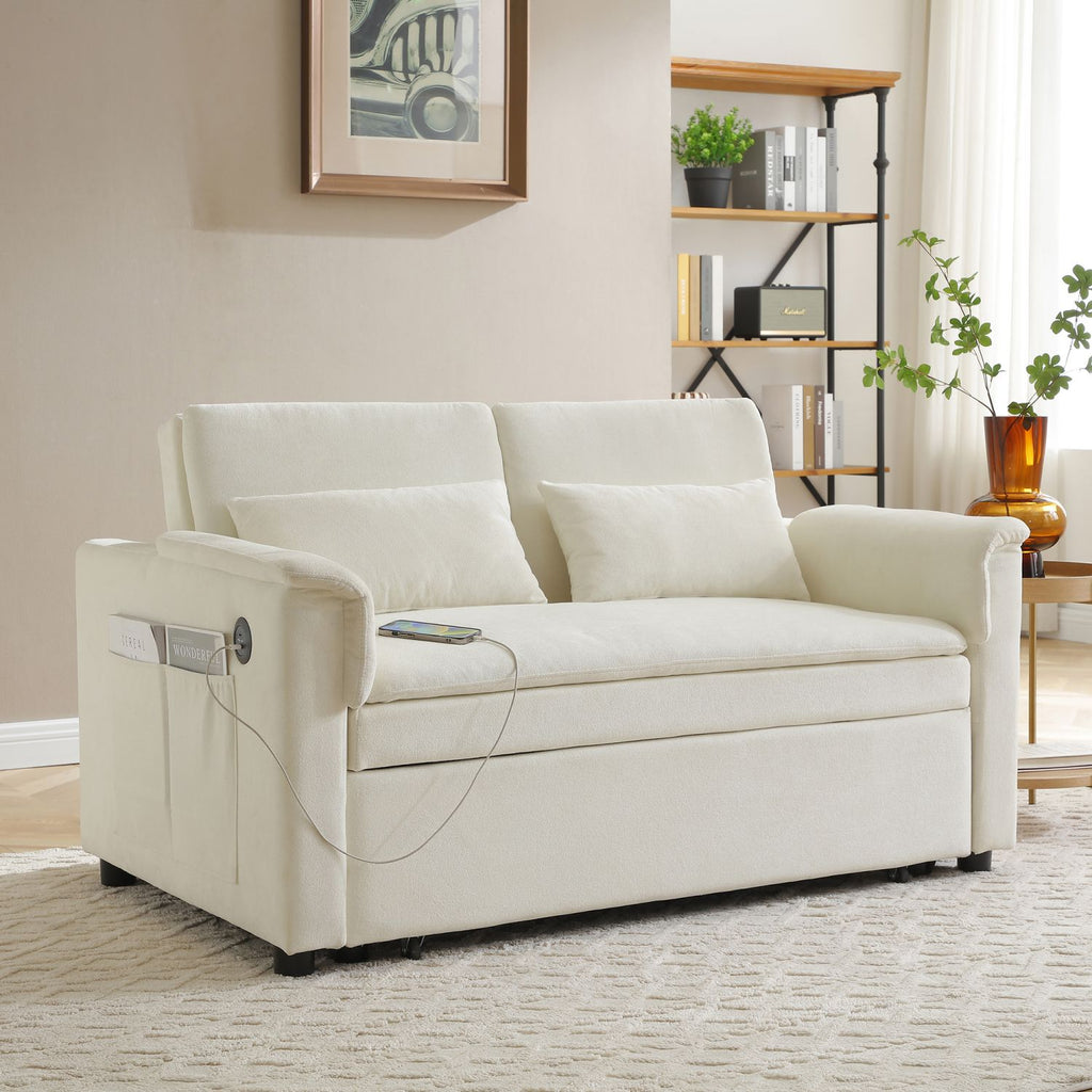 55" Velvet Two Seater Pull Out Sofa Bed, Adjustable Backrest With USB Ports, Two Side Pockets, 3 in 1 Convertible Sleeper Sofa Bed, Modern Love Seat Lounge,2 waist pillows for living rooms,BEIGE