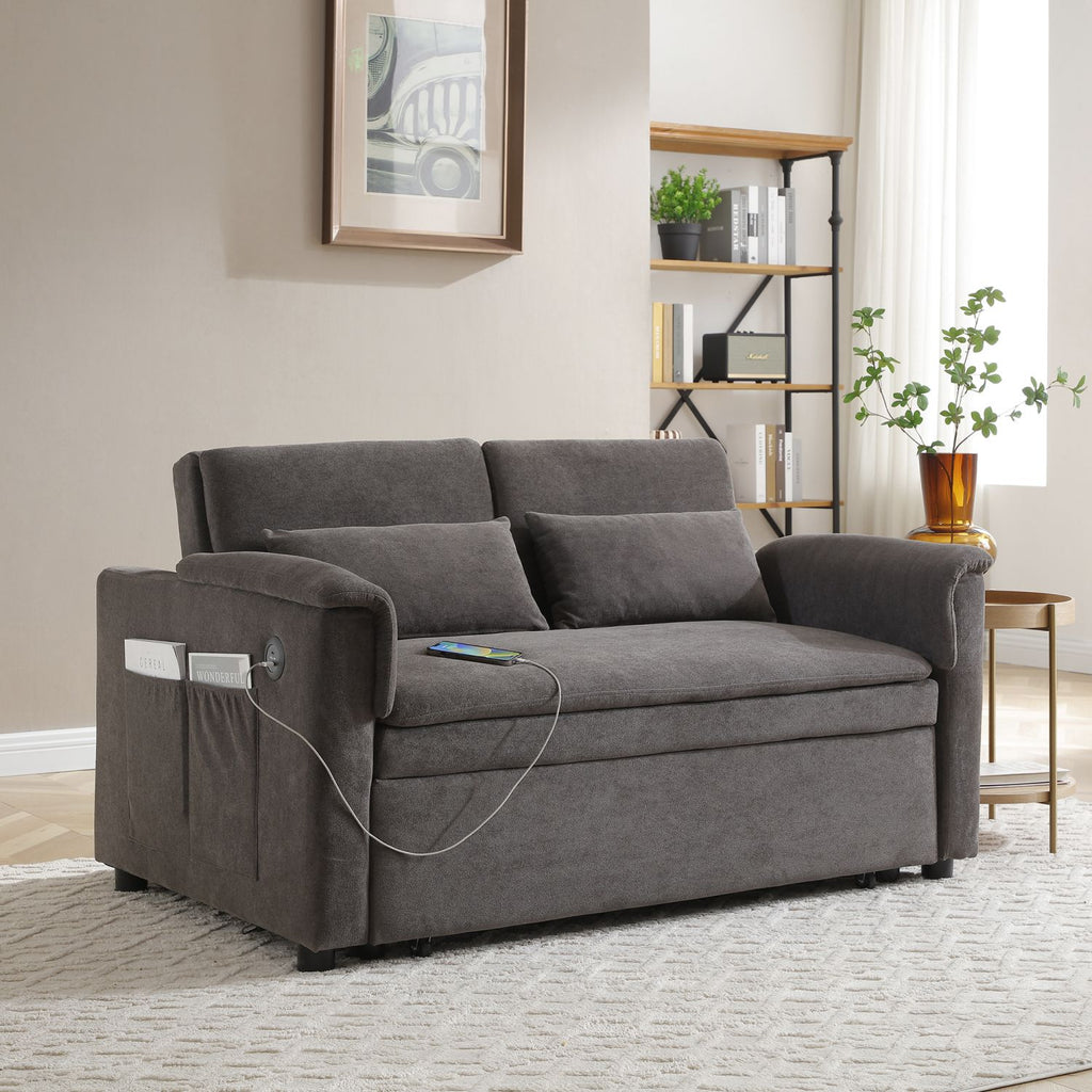 55" Velvet Two Seater Pull Out Sofa Bed, Adjustable Backrest With USB Ports, Two Side Pockets, 3 in 1 Convertible Sleeper Sofa Bed, Modern Love Seat Lounge,2 waist pillows for living rooms,GREY