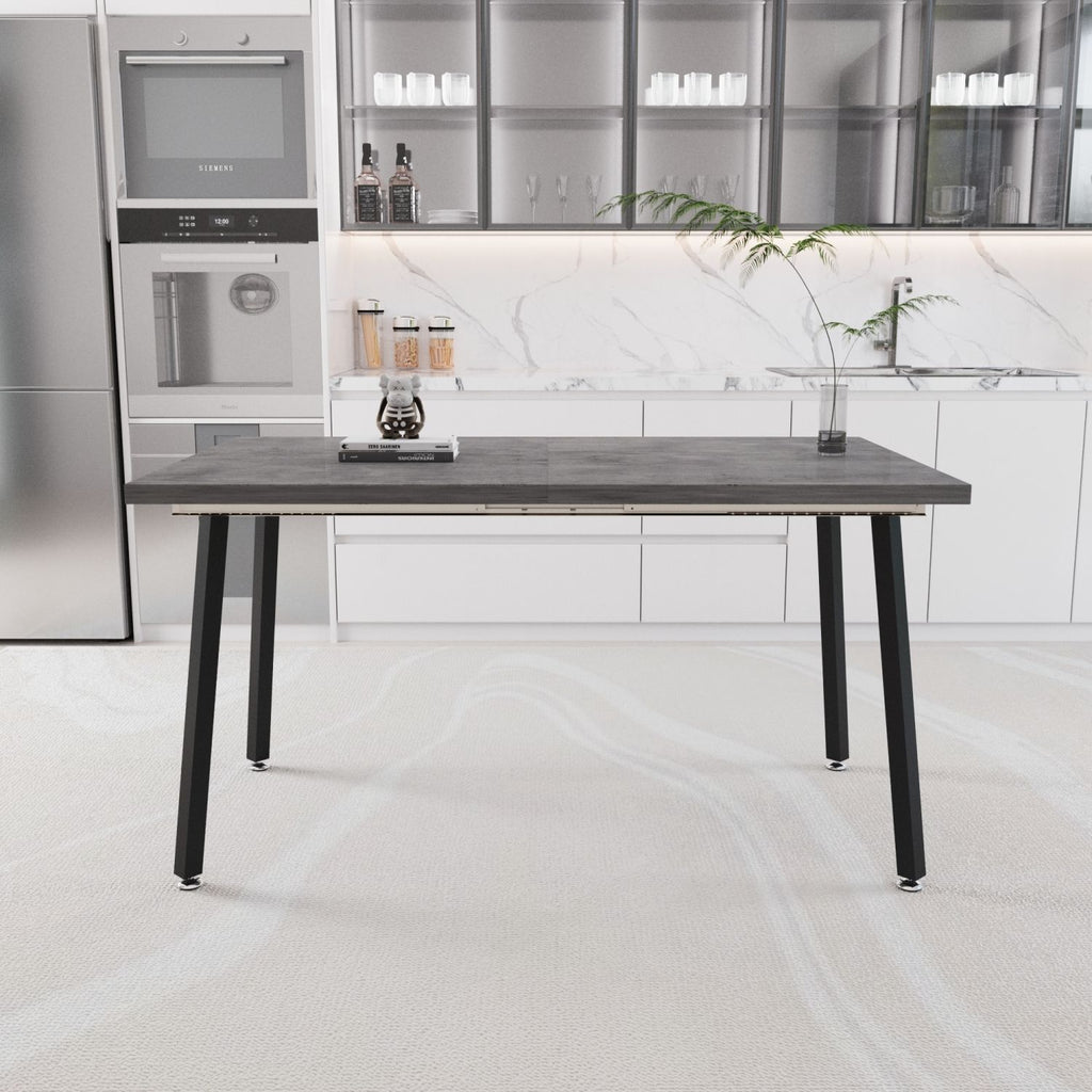 55.12-70.87"expandable modern kitchen dining table, rectangular MDF dining table for 4-6 people, medieval industrial style, with black metal legs, suitable for home&kitchen (gray)